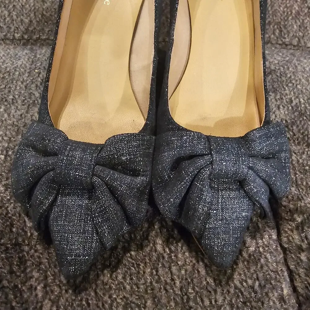 Kate Spade Bow Block Heel Pumps Navy Textured Pointed Toe Size 7.5